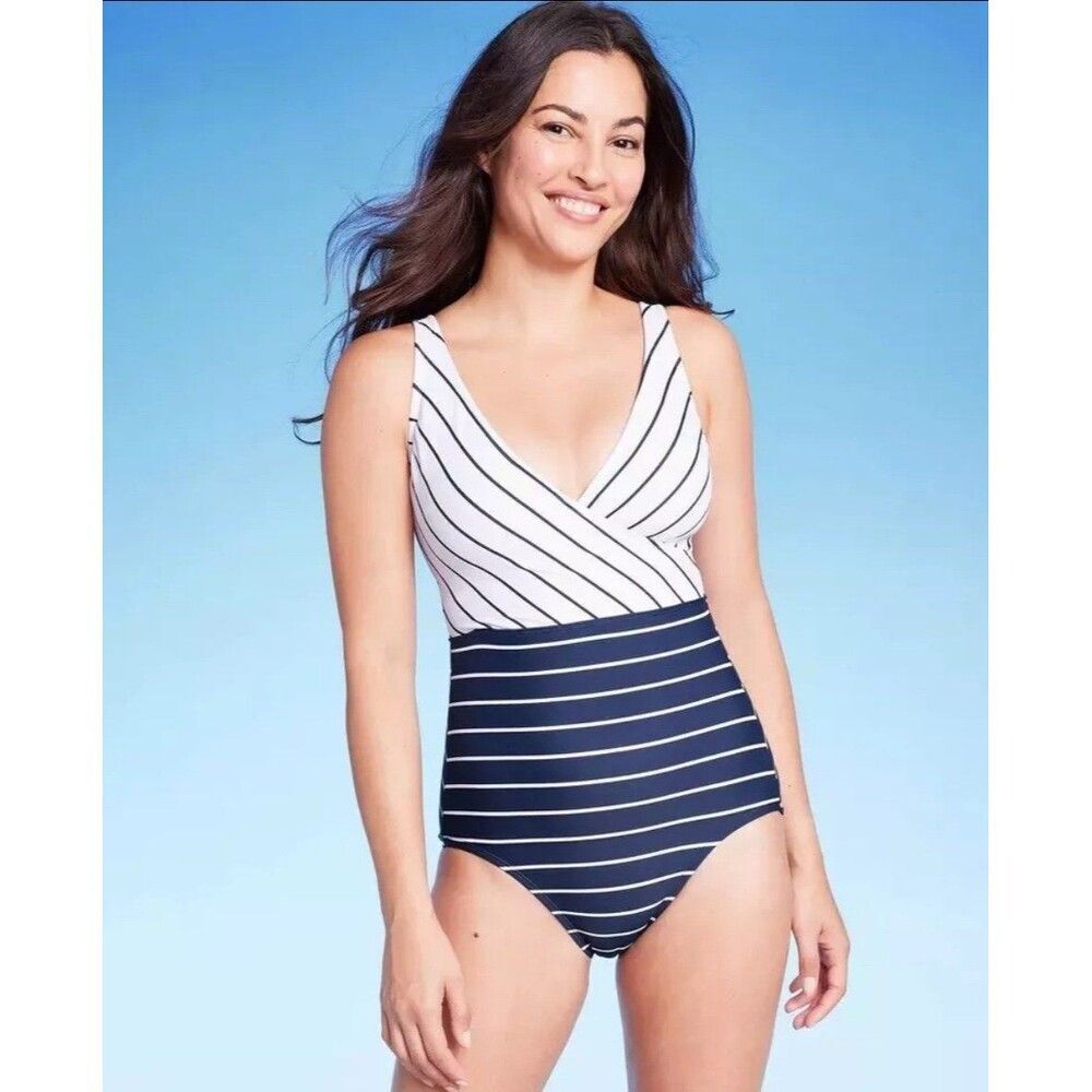 NWT Kona Sol Striped V-Neck Full Coverage One Piece Swim Suit